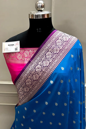 Dark Firozi and Pink Rudraksha Buti Katan Silk Banarasi Saree