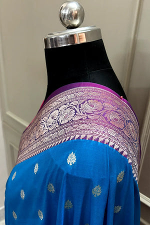 Dark Firozi and Pink Rudraksha Buti Katan Silk Banarasi Saree