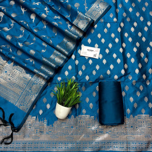 Dark Firozi Assi Ghat Mandir Semi Katan Silk Banarasi Suit