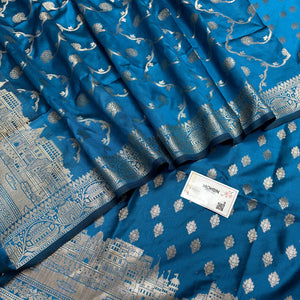 Dark Firozi Assi Ghat Mandir Semi Katan Silk Banarasi Suit