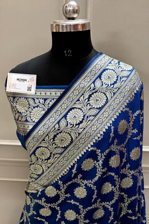 Dark Firozi Murmuri Jaal Katan Satin Silk Banarasi Saree