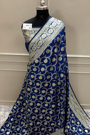 Dark Firozi Murmuri Jaal Katan Satin Silk Banarasi Saree