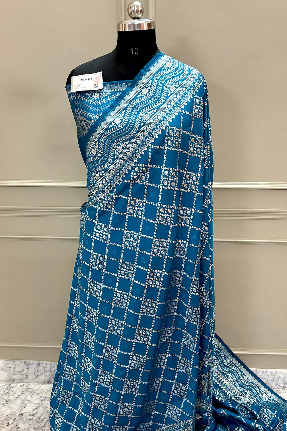 Dark Firozi Pie Jaal Katan Silk Banarasi Saree