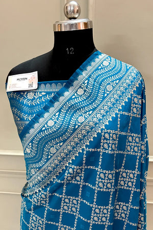 Dark Firozi Pie Jaal Katan Silk Banarasi Saree