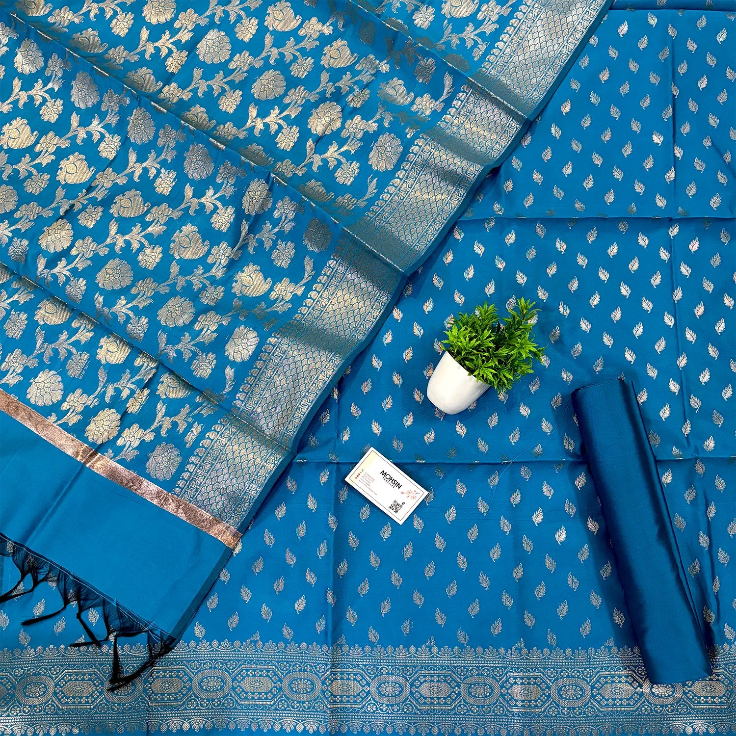 Dark Firozi Sunehri Pankh Satin Silk Banarasi Suit