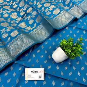 Dark Firozi Sunehri Pankh Satin Silk Banarasi Suit