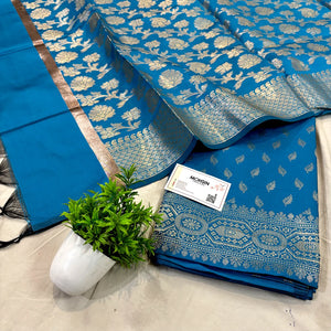 Dark Firozi Sunehri Pankh Satin Silk Banarasi Suit