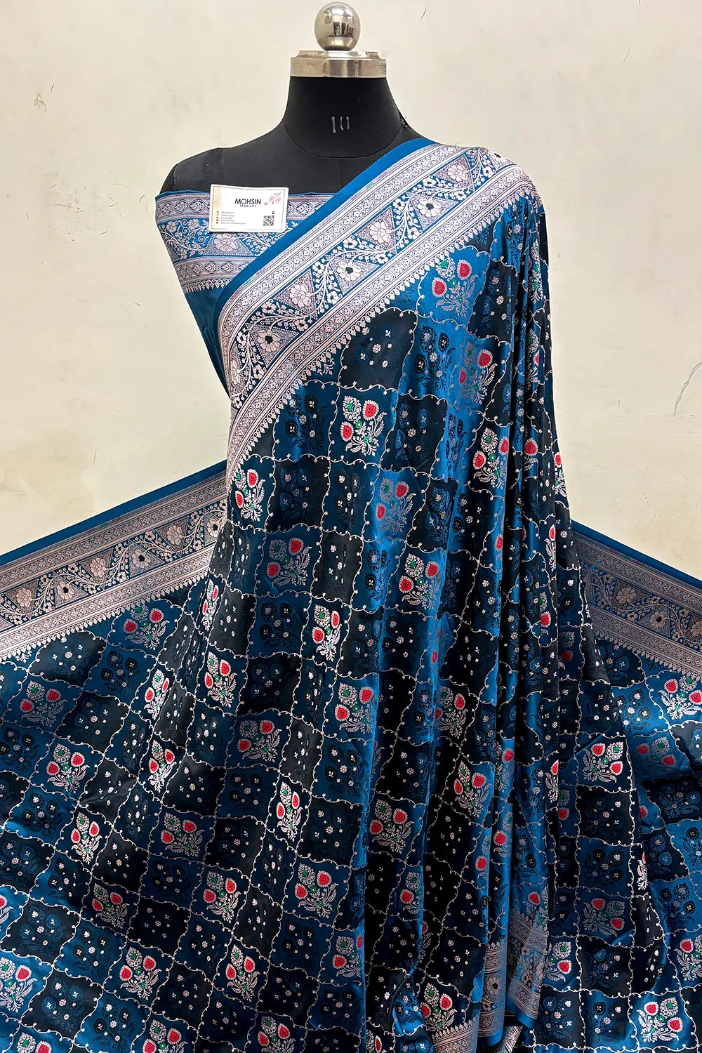 Dark Firozi Zari Katan Mashru Silk Banarasi Saree