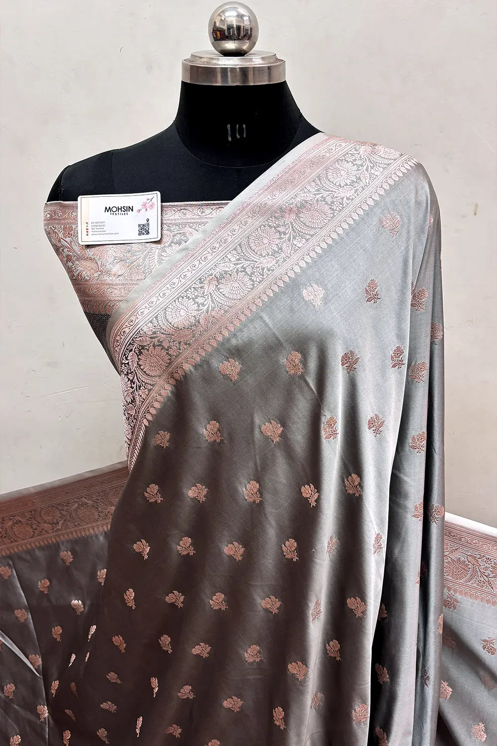 Dark Grey Chaman Buti Katan Mashru Silk Banarasi Saree