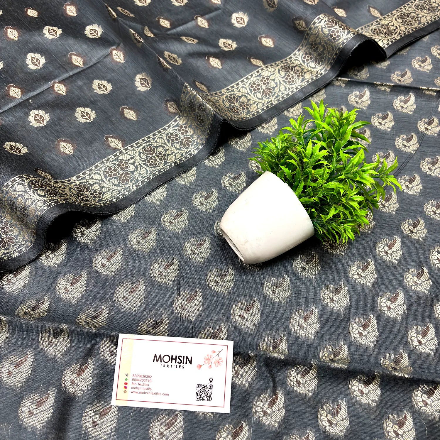 Dark Grey Mogambo Buti Cotton Silk Banarasi Suit