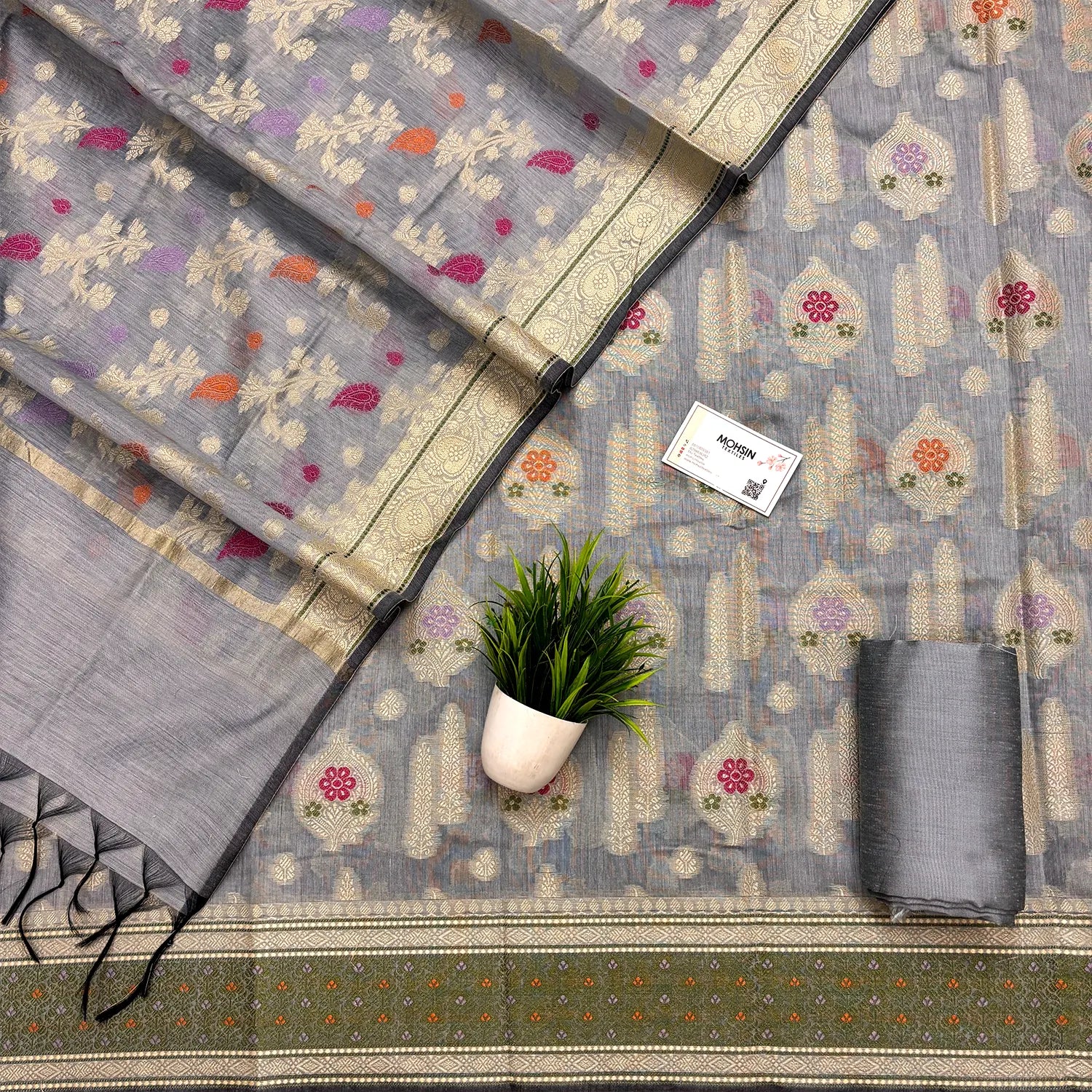 Dark Grey Resham Banarasi Silk Suit