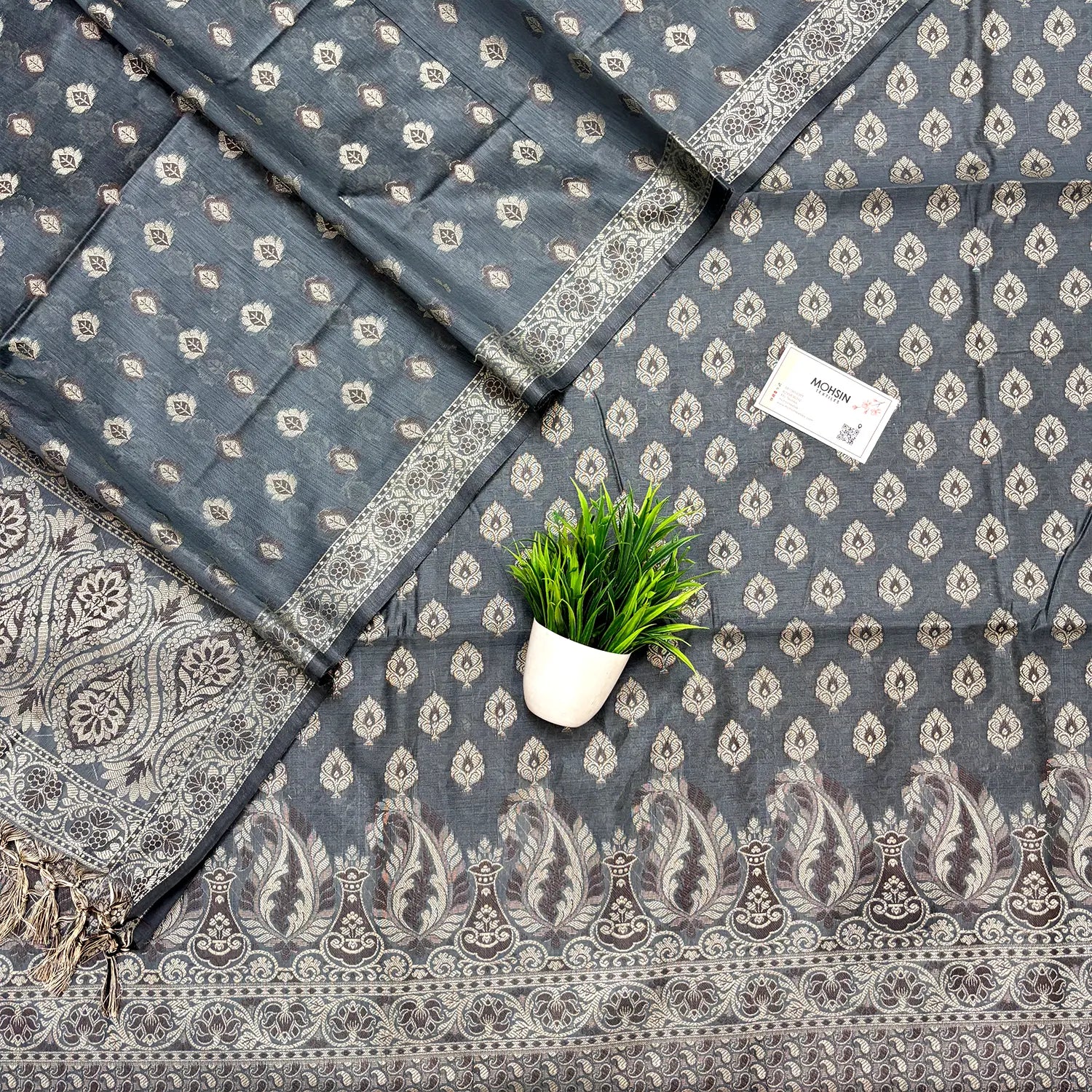 Dark Grey Surahi Paan Cotton Silk Banarasi Suit
