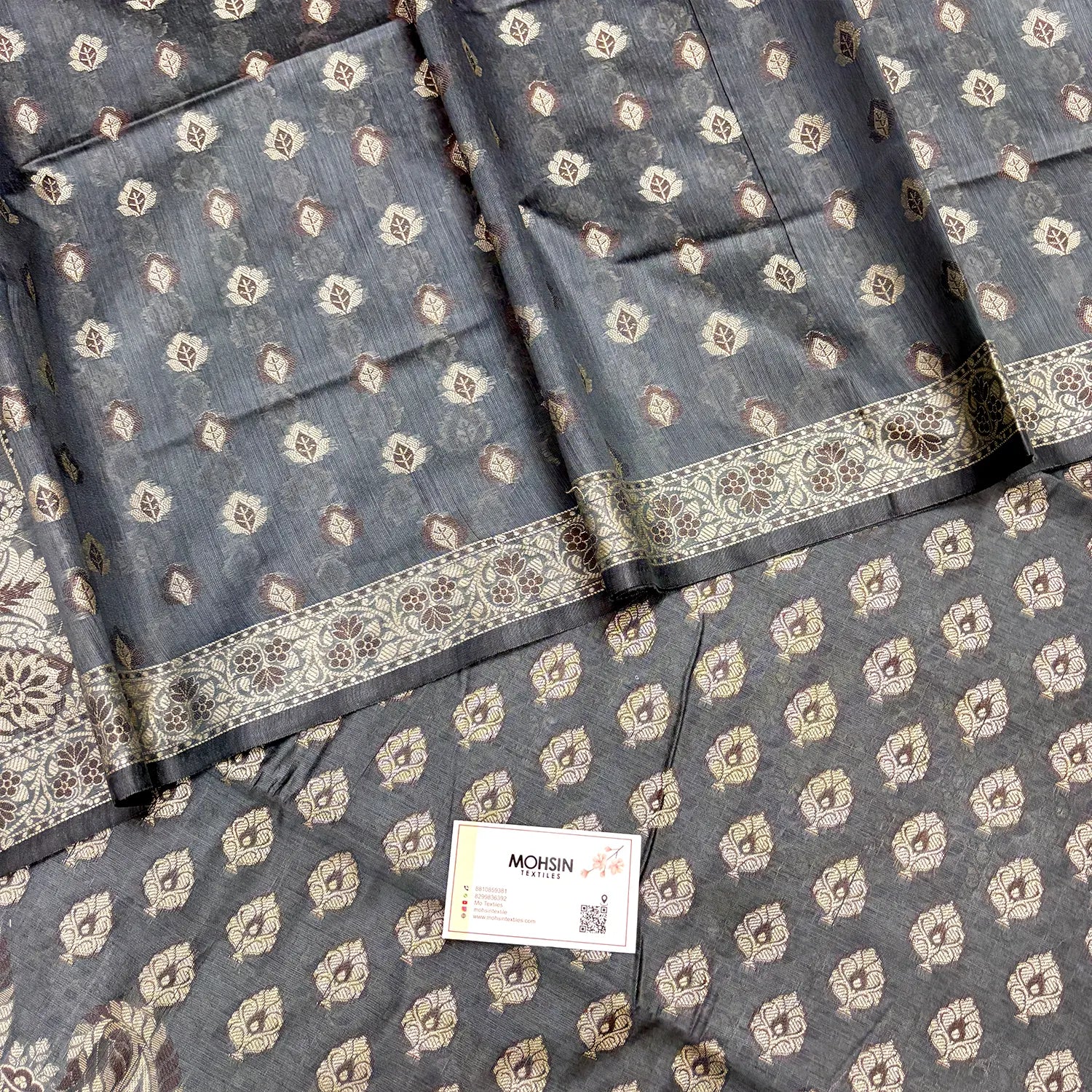 Dark Grey Surahi Paan Cotton Silk Banarasi Suit