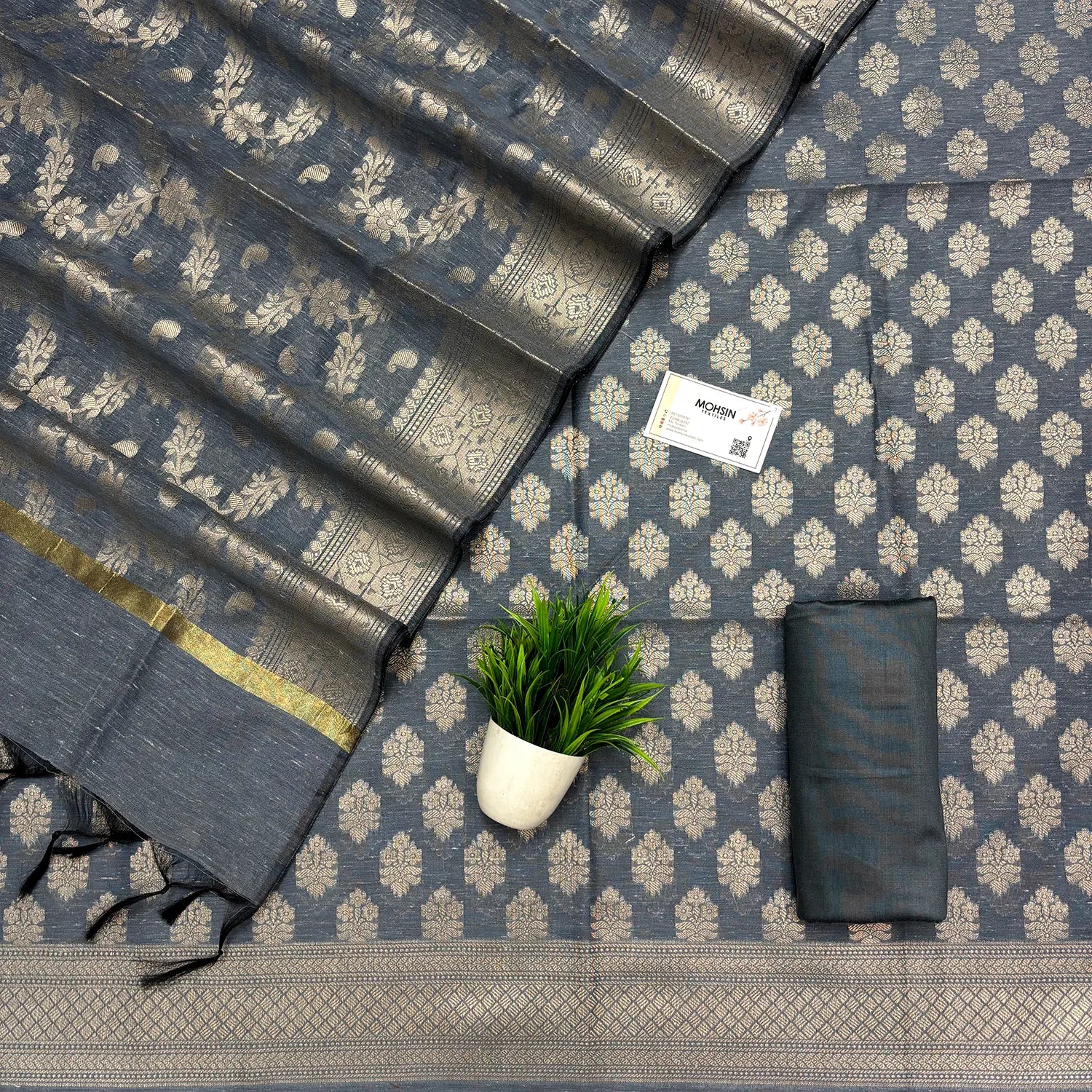 Dark Grey Tri Phool Linen Silk Banarasi Suit
