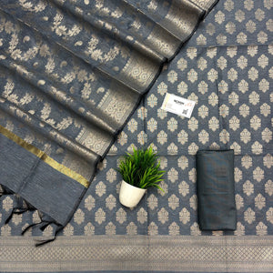 Dark Grey Tri Phool Linen Silk Banarasi Suit