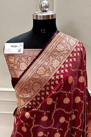 Dark Maroon Zari Katan Silk Banarasi Saree