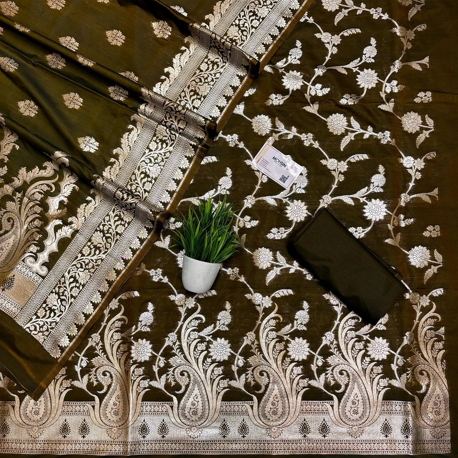 Dark Mehendi Zari Katan Silk Banarasi Suit
