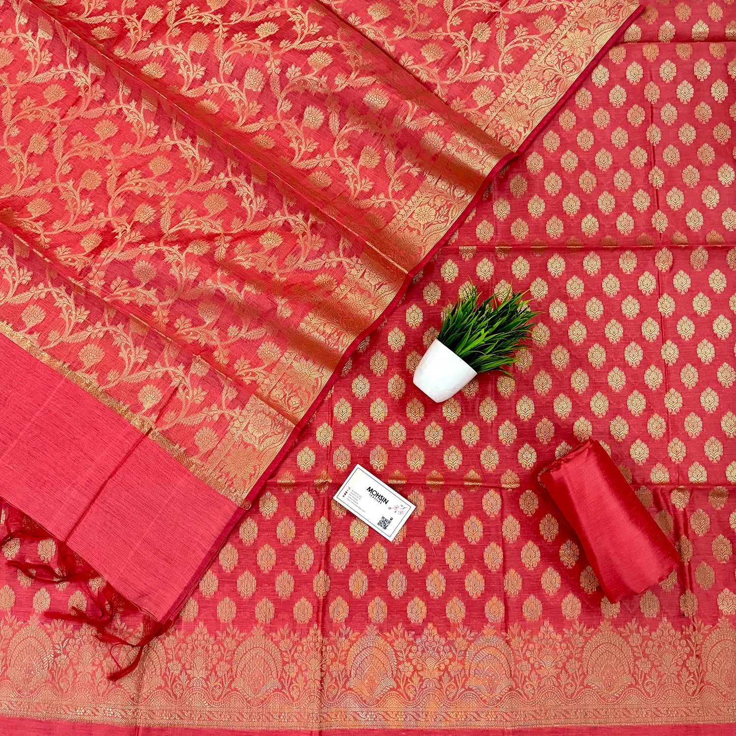Dark Peach Golden Zari Banarasi Silk Suit