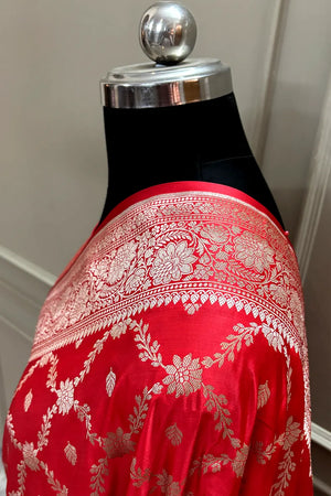 Dark Peach Qaidi Buti Katan Mashru Silk Banarasi Saree