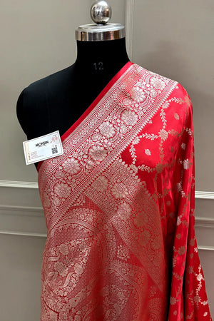 Dark Peach Qaidi Buti Katan Mashru Silk Banarasi Saree
