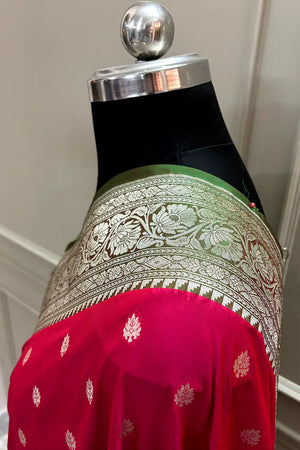 Dark Pink and Green Rudraksha Buti Katan Silk Banarasi Saree