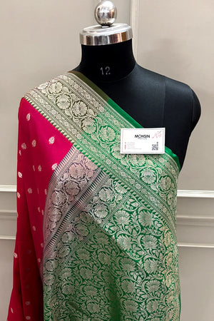 Dark Pink and Green Rudraksha Buti Katan Silk Banarasi Saree
