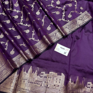 Dark Purple Assi Ghat Plain Semi Katan Silk Banarasi Suit