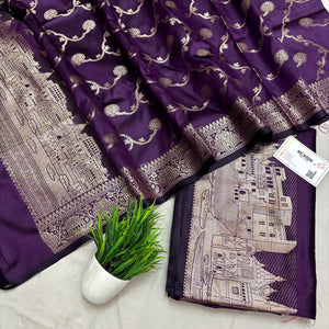 Dark Purple Assi Ghat Plain Semi Katan Silk Banarasi Suit
