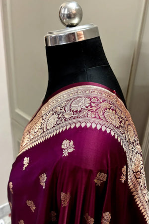 Dark Purple Chaman Buti Katan Mashru Silk Banarasi Saree