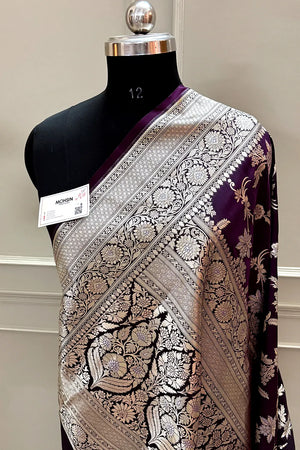 Dark Purple Jasmine Jaal Katan Silk Banarasi Saree