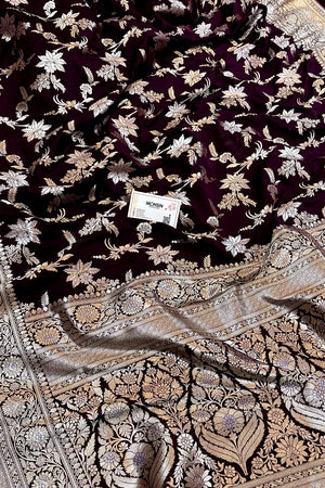 Dark Purple Jasmine Jaal Katan Silk Banarasi Saree