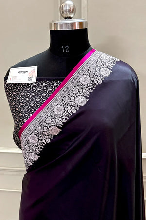Dark Purple Plain Zari Border Katan Silk Banarasi Saree