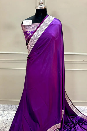 Purple Plain Zari Border Katan Silk Banarasi Saree