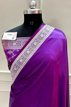 Purple Plain Zari Border Katan Silk Banarasi Saree