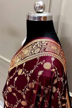 Dark Wine Albeli Jaal Katan Satin Silk Banarasi Saree