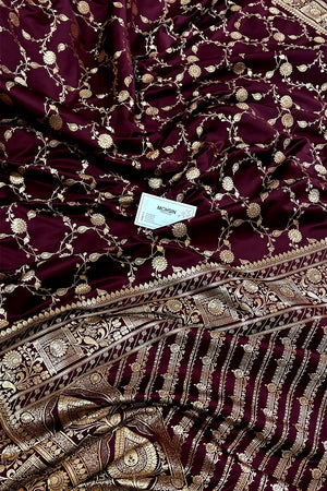 Dark Wine Albeli Jaal Katan Satin Silk Banarasi Saree