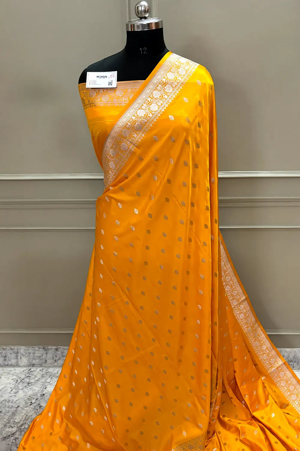 Dark Yellow Flying Buti Katan Silk Banarasi Saree
