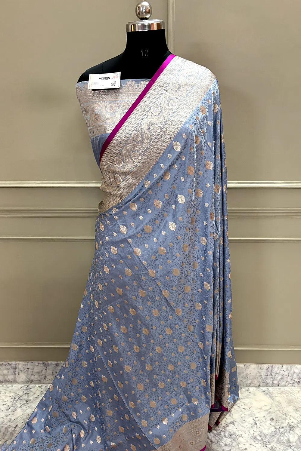 Dusty Blue Chunni Munni Katan Silk Banarasi Saree