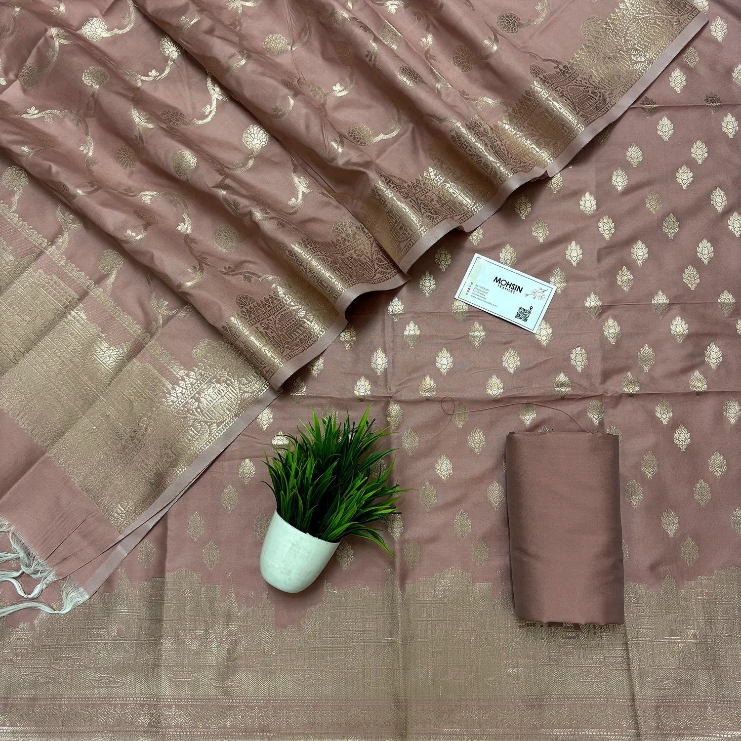 Dusty Mauve Assi Ghat Mandir Semi Katan Silk Banarasi Suit