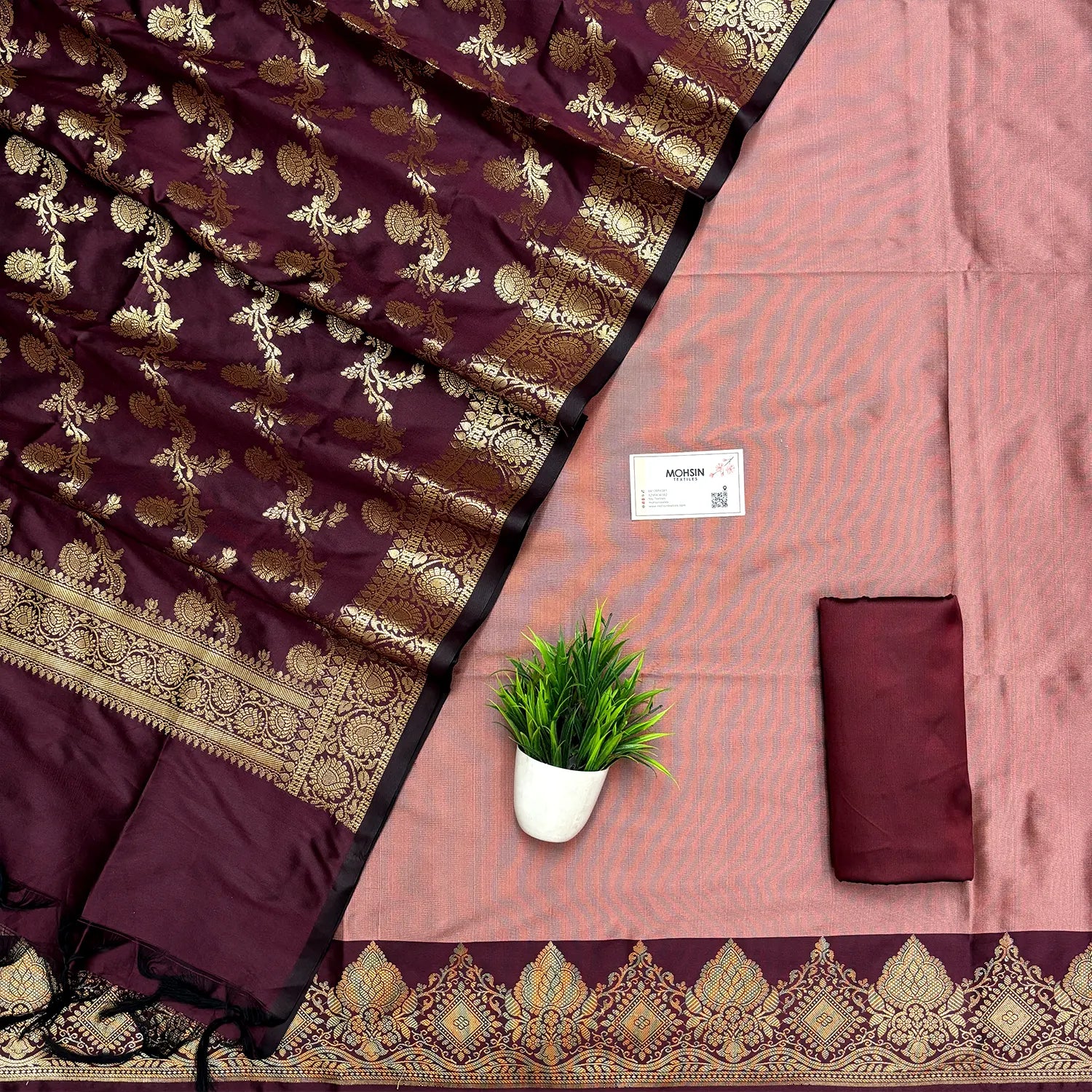 Dusty Peach and Wine Plain Semi Katan Silk Banarasi Silk Suit