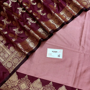 Dusty Peach and Wine Plain Semi Katan Silk Banarasi Silk Suit