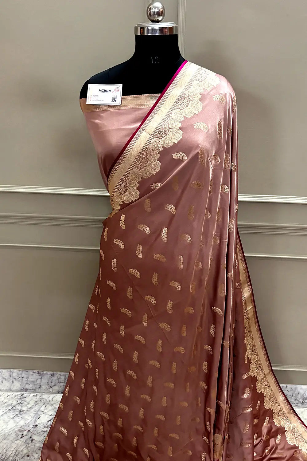Dusty Peach Kanak Buti Katan Mashru Silk Banarasi Saree