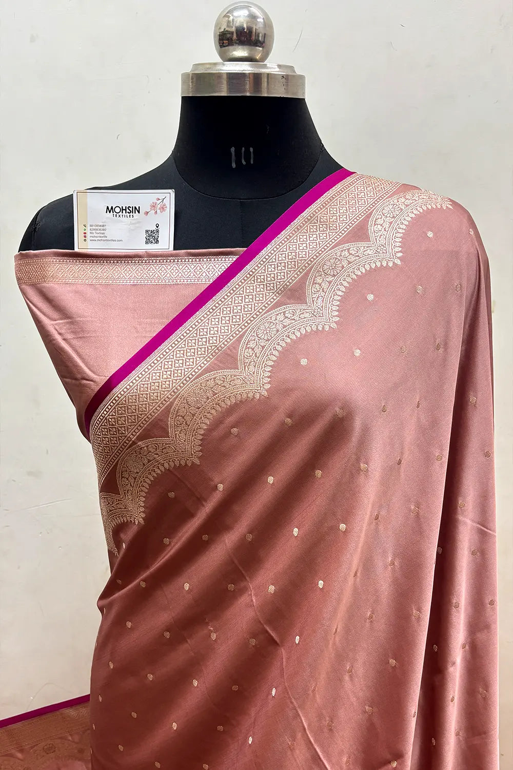 Dusty Peach Zari Katan Mashru Silk Banarasi Saree