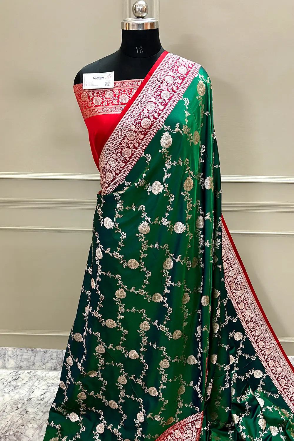 Emerald Green and Red Zari Katan Silk Banarasi Saree