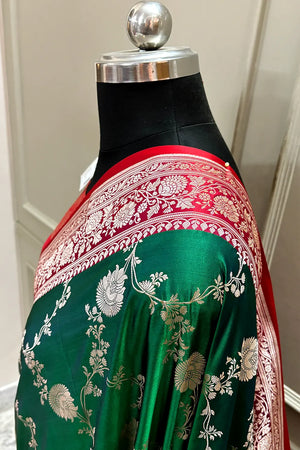 Emerald Green and Red Zari Katan Silk Banarasi Saree