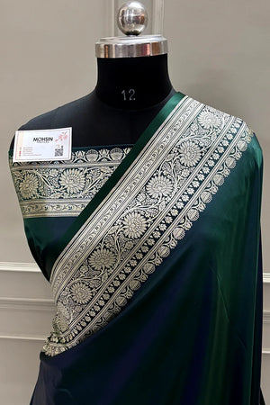 Emerald Green Plain Zari Katan Silk Banarasi Saree