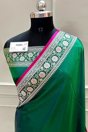 Emerald Green Plain Zari Katan Silk Banarasi Saree