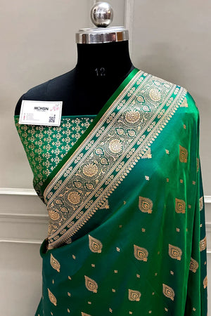 Emerald Green Queen Buti Katan Silk Banarasi Saree
