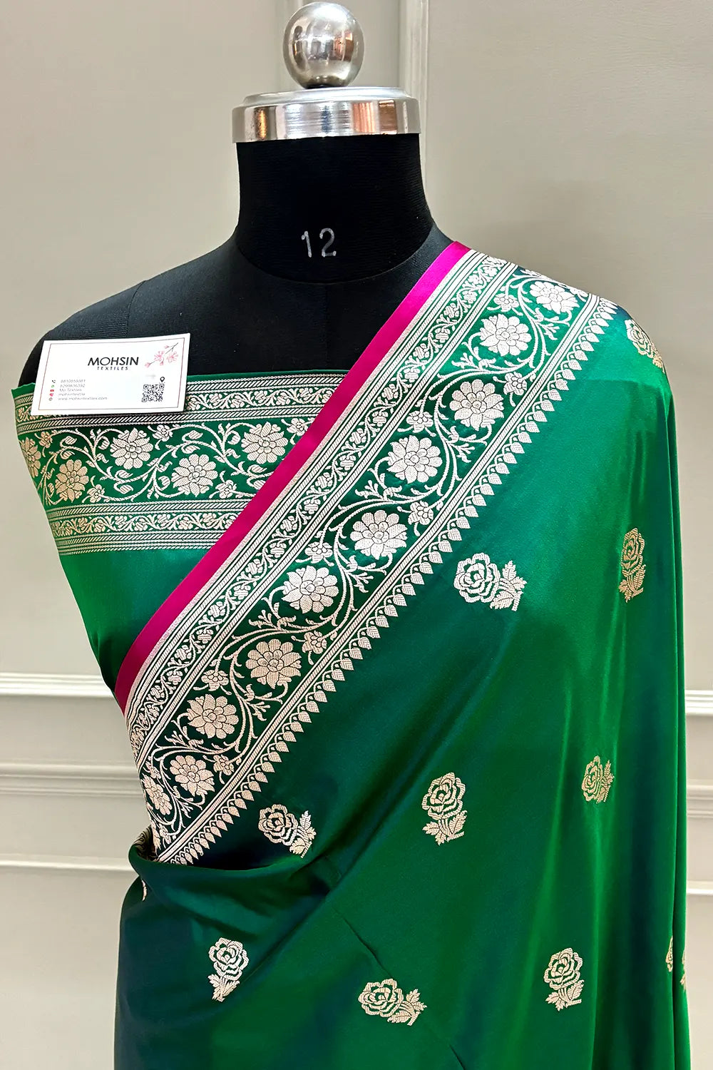 Emerald Green Rose Buti Katan Silk Banarasi Saree
