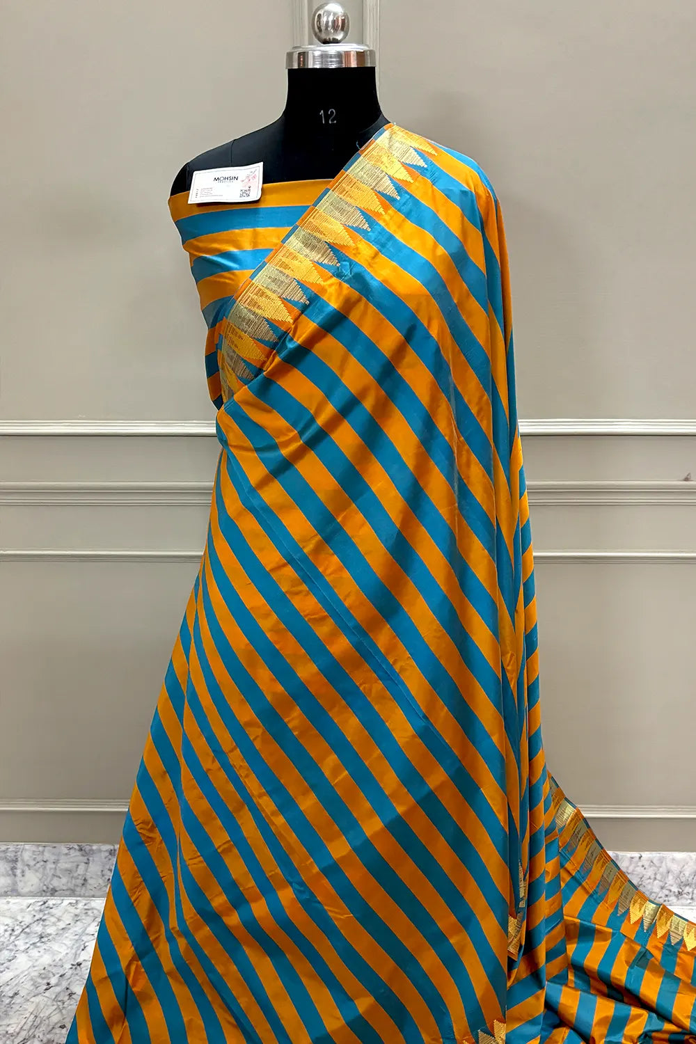 Firozi and Mustard Stripe Plain Satin Silk Banarasi Saree